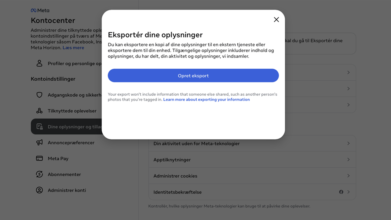 Opret eksport-siden hos Facebook