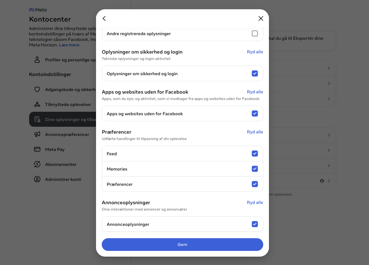 Klik 'Ryd alle' i de øvrige sektioner